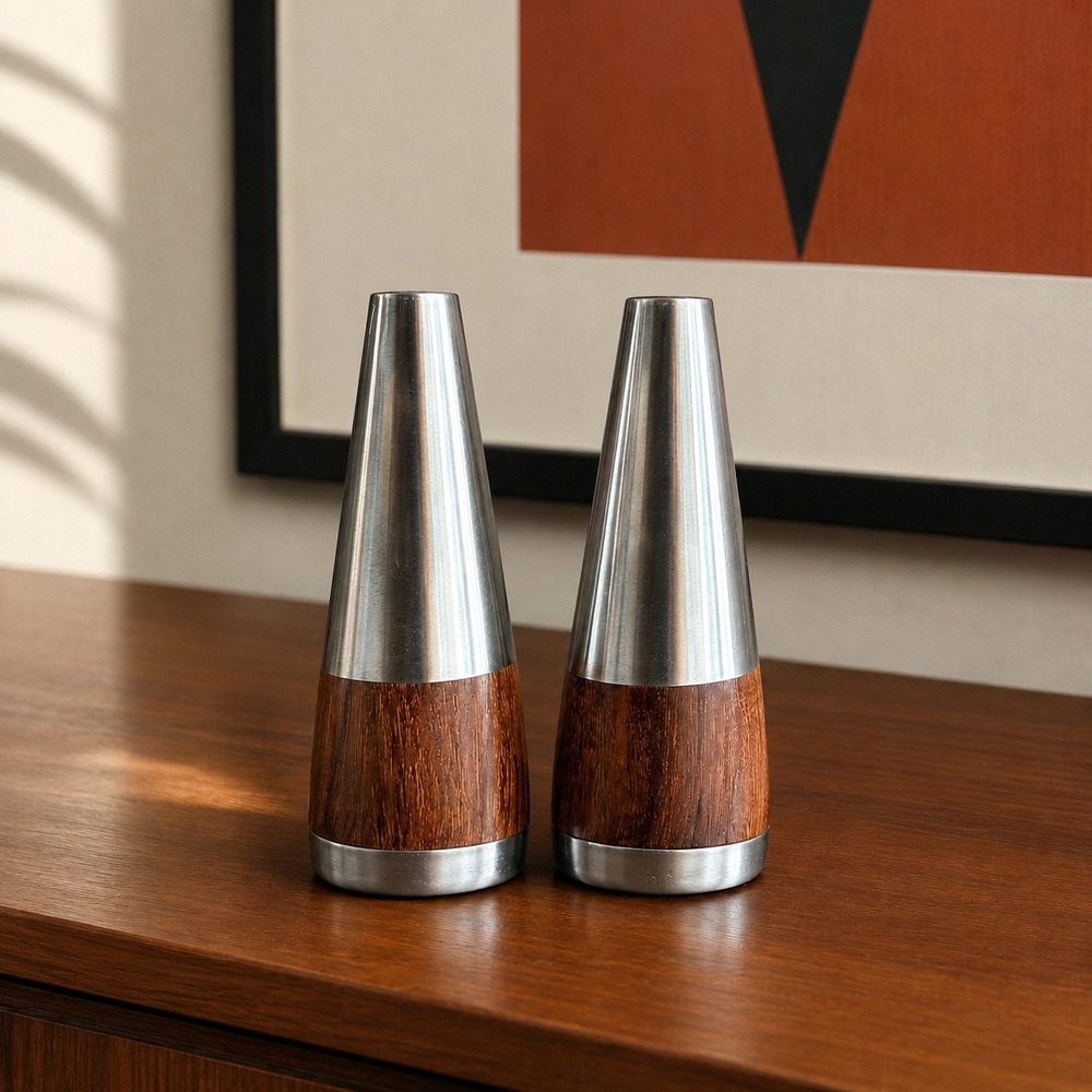 Vintage Danish Modern Rosewood & Stainless Steel Salt Pepper Shakers Denmark MCM